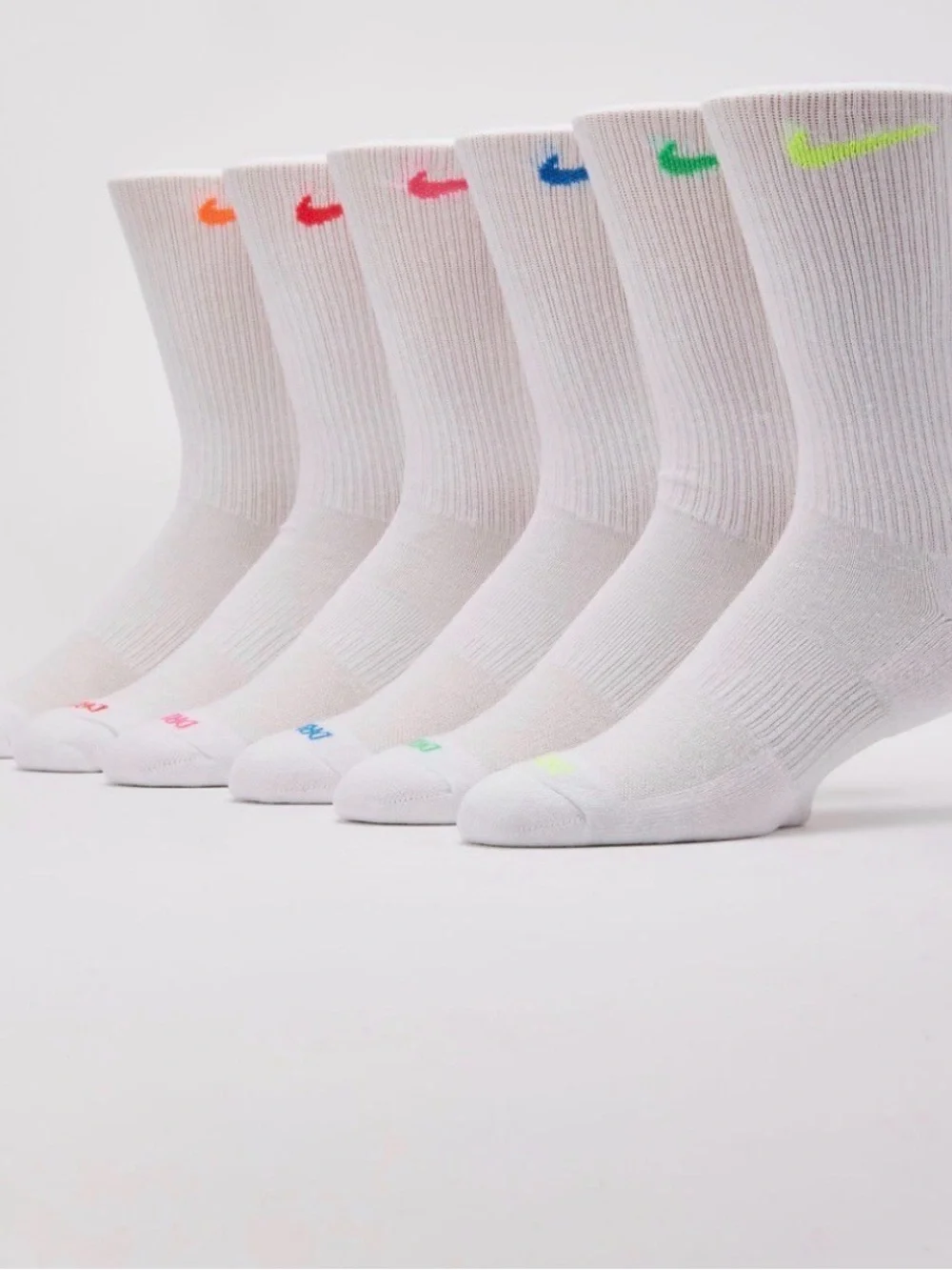 Nike White Crew Athletic Socks with Neon Multi-Color Swooshes (6-Pack)
